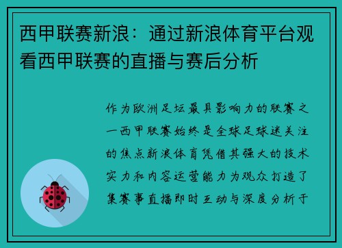 西甲联赛新浪：通过新浪体育平台观看西甲联赛的直播与赛后分析